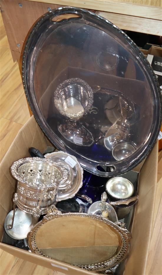 A collection of sundry plated wares, including a two handled tea tray, a syphon stand, a milk jug, a teapot, etc.